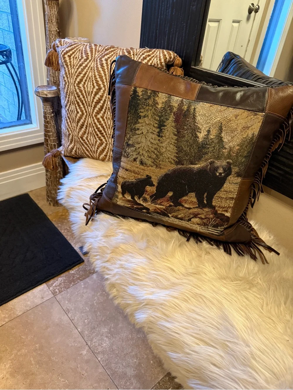 Bear Pillow Leather & Tapestry Throw Pillow Cabin, Mountain, Western Decor 17x17